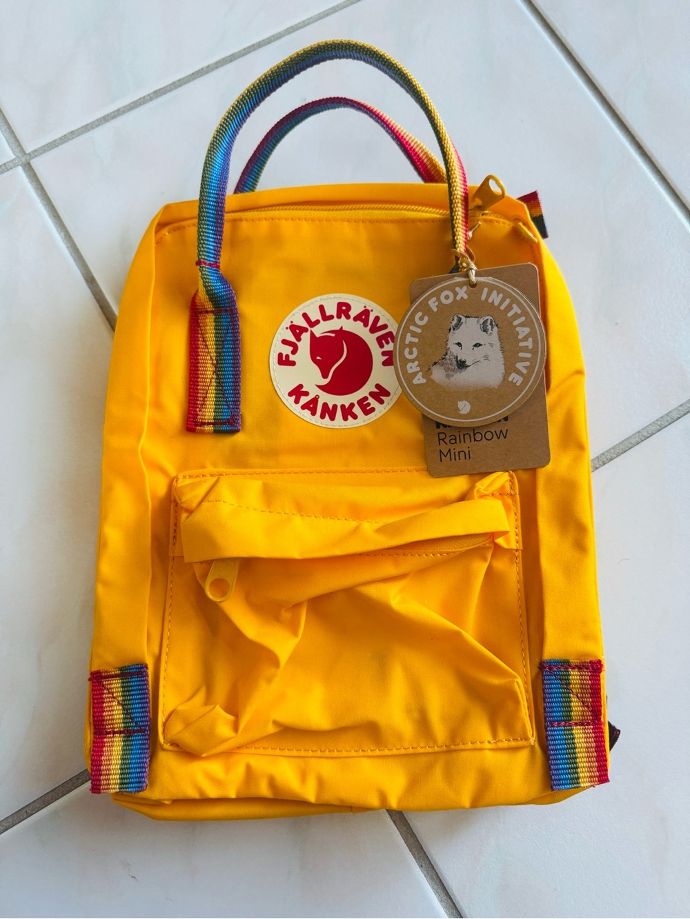 Fjallraven Mini Kanken Backpack in Bright Yellow with Rainbow Handles